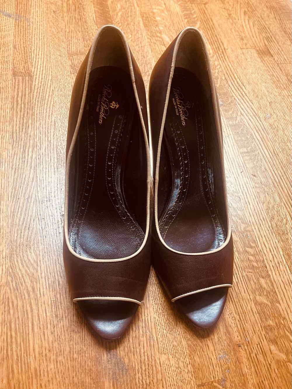 Brooks Brothers Brown Peep-Toe Pumps with Cream Trim